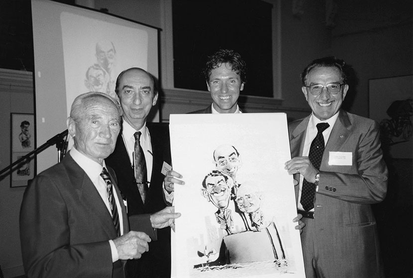 1990. Franco, Vittorio Moratelli and Carlo Salteri with Bill Leak and his rendition of them.