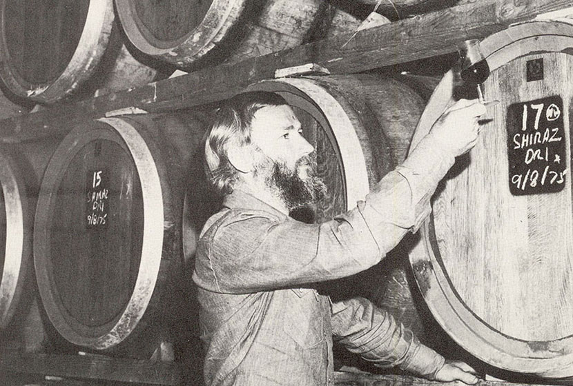 1975. Montrose’s first vigneron, Ian MacRae, sampling the first vintage Shiraz in the vinery’s cellar.