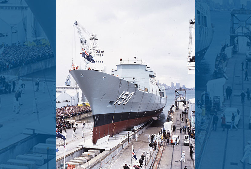 1994. HMAS Anzac, the first of the ANZAC Class frigates, being launched at the Williamstown Dockyard, Melbourne.