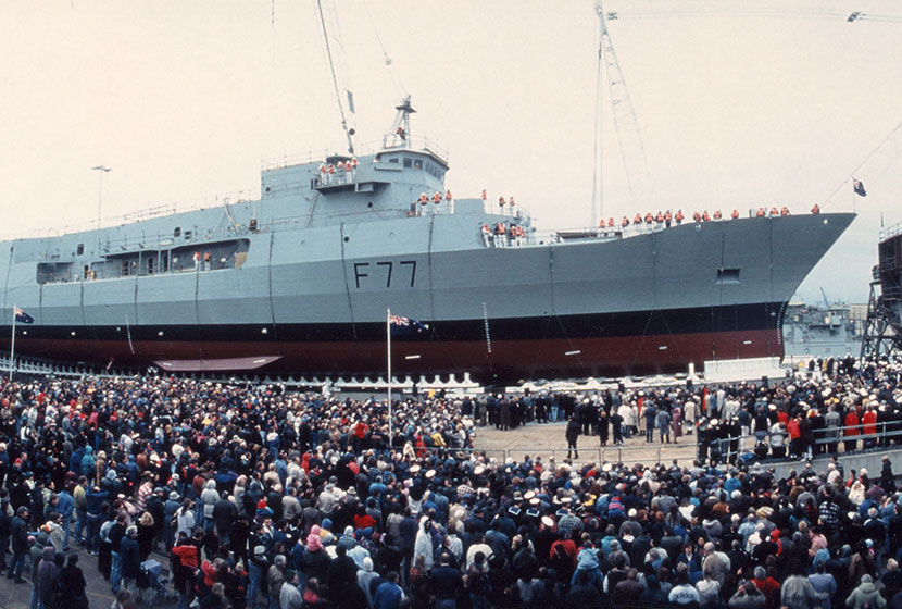 1995. Williamstown Dockyard launch of HMNZS Te Kaha, the first of two frigates built for New Zealand.