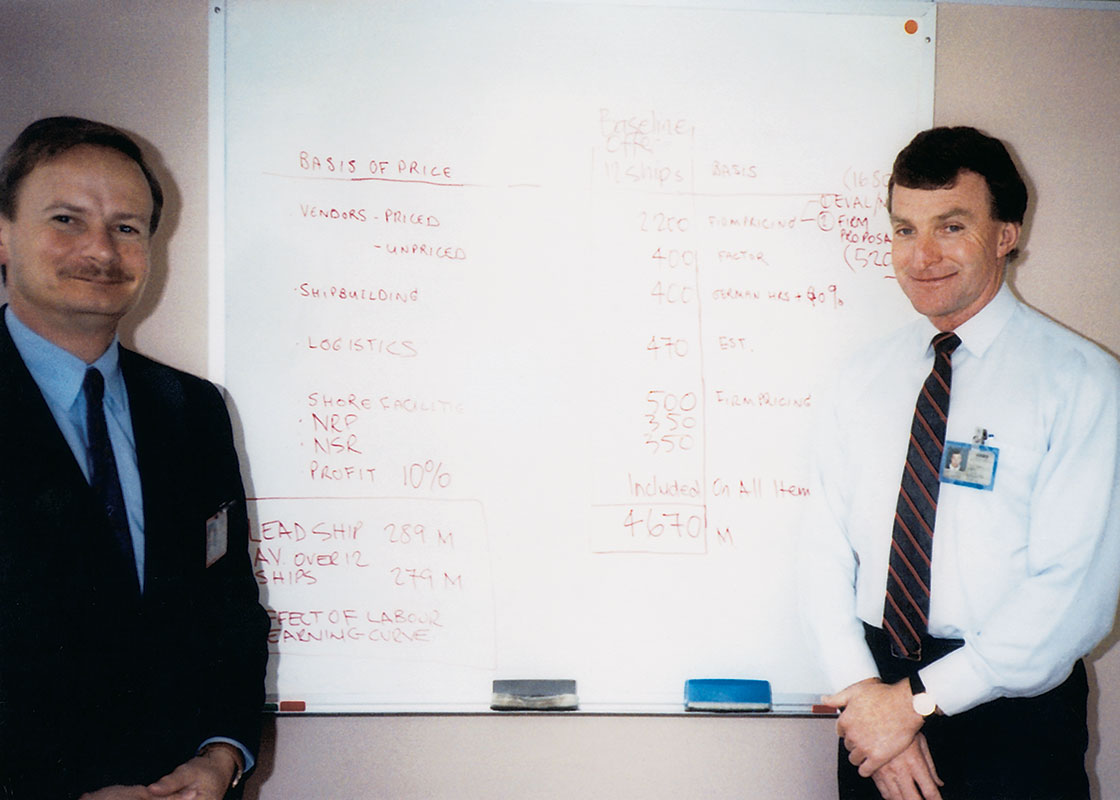 1990 Anthony Shepherd and Chief Estimator Gar Seaborne calculate the ANZAC frigates project.