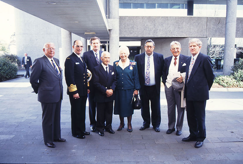 1994. Launch of HMAS Anzac. Franco, Carlo and John White with Defence Minister Robert Ray and dignitaries.