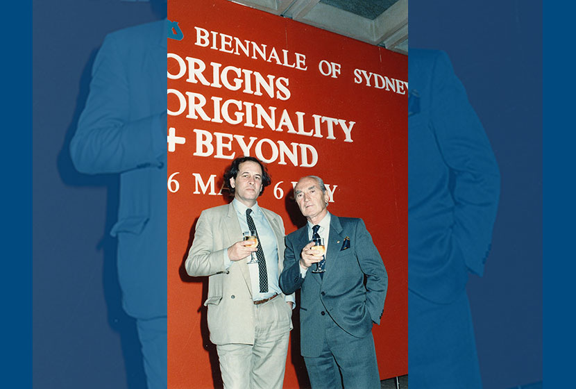 1986. Opening of the sixth Biennale of Sydney. Art dealer Bill Wright with Franco Belgiorno-Nettis.