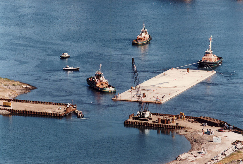 Sydney Harbour Tunnel. One of the concrete tube units leaving Port Kembla’s dry-dock.