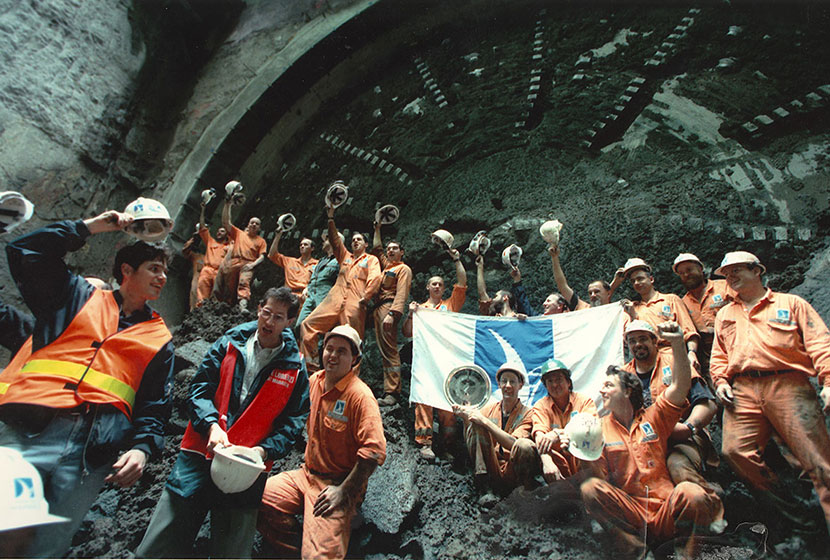 Airport Railway. Transfield workers celebrate the breakthrough of the new tunnel.