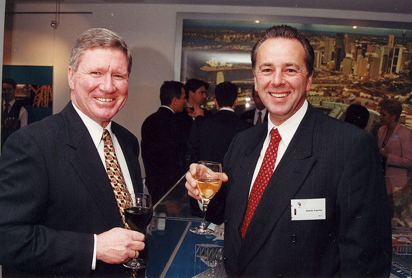 August 2000. Transfield’s Robert McFeeter, and Mirvac’s Gavin Carrier, at Walsh Bay function.